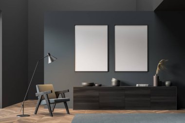 Duvara boş posterler asın. Modern oturma odasının içi. Ahşap zemin ve şık mobilyalar. Çağdaş tasarım kavramı. 3d oluşturma