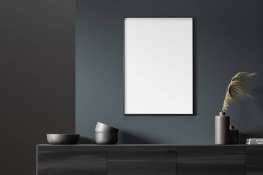 Duvara boş posterler asın. Modern oturma odasının içi. Mobilyalar çok şık. Çağdaş tasarım kavramı. 3d oluşturma