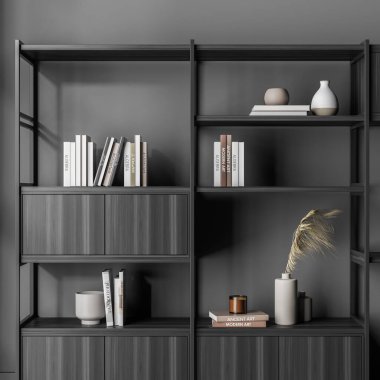 Bedava kitaplık, gri bekleme odasının iç tarafındaki duvarda duruyor. İçinde vazolar ve kitaplar olan rafları açıp kapayarak. Tahta kapılar. 3d oluşturma