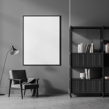 Bekleme odasının iç tarafındaki karanlık duvarda, sağında kitaplık, solunda lamba olan koltuğu olan posterin boş taklidini yap. Beton zemin. 3d oluşturma