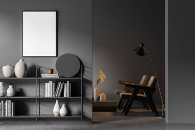 Duvardaki boş posteri taklit et. Modern oturma odasının içi. Taş zemin ve şık mobilyalar. Çağdaş tasarım kavramı. 3d oluşturma