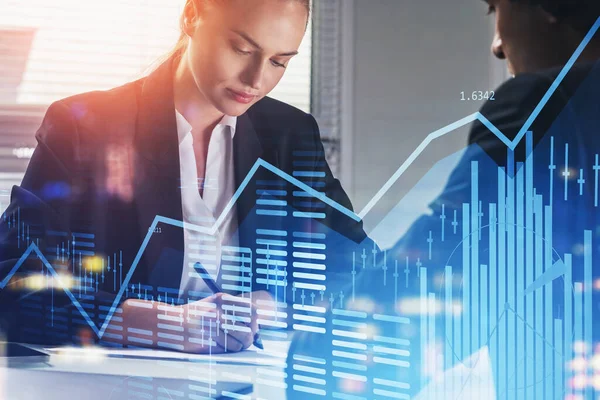 Mujer Negocios Comerciante Hombre Negocios Trajes Formales Está Trabajando Junto — Foto de Stock