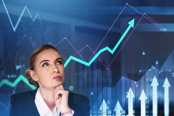 Attractive Business Woman Suit Looking Analyzing Stock Market Changes Hologram — Stock Photo, Image