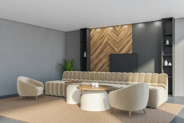 室内装饰有客厅角落 米色沙发 扶手椅和铺有咖啡桌的地毯后面有花束的细节 灰色墙壁和混凝土地面 3D渲染 — 图库照片