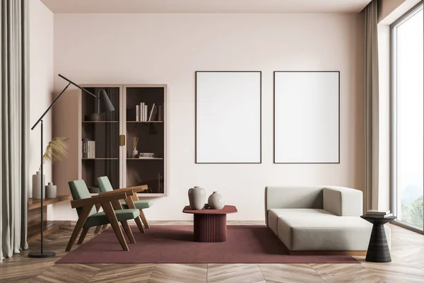 Modernes Wohnzimmer Mit Holzboden Und Großem Fenster Zwei Stellen Leere — Stockfoto
