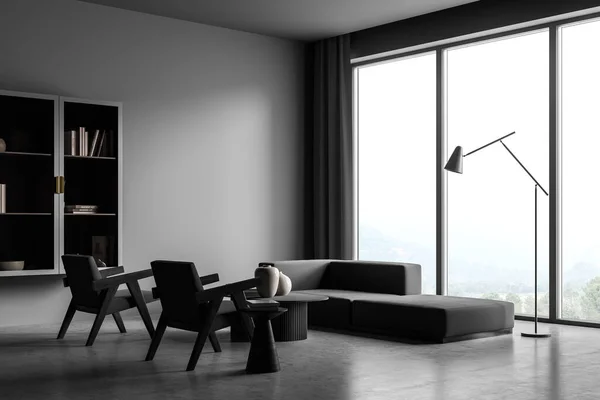 Modernes Wohnzimmerinterieur Mit Grauem Betonboden Und Großem Fenster Attrappe Leere — Stockfoto