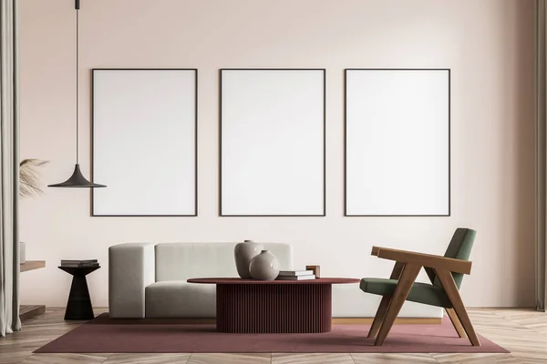 Modernes Wohnzimmer Mit Holzboden Und Großem Fenster Drei Stellen Leere — Stockfoto