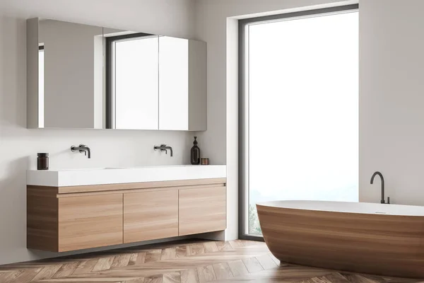 Moderno Cuarto Baño Interior Con Elementos Madera Piedra Ventana Grande — Foto de Stock