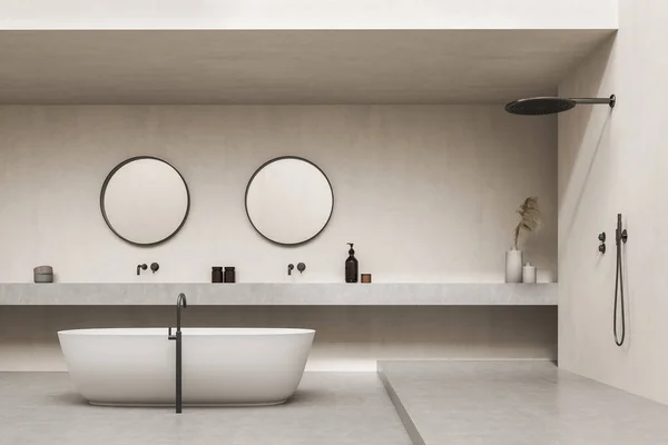 Tuvaletlerin Oval Küvetin Açık Duşun Üzerinde Iki Orijinal Yuvarlak Ayna — Stok fotoğraf