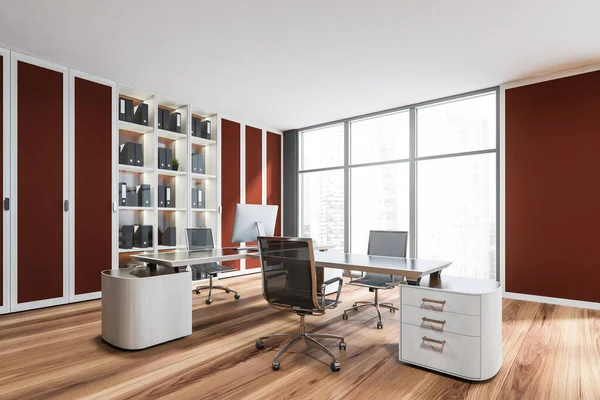 Interior Framed Mild Red Details Luxury Workplace Having Panoramic View — Stock Photo, Image