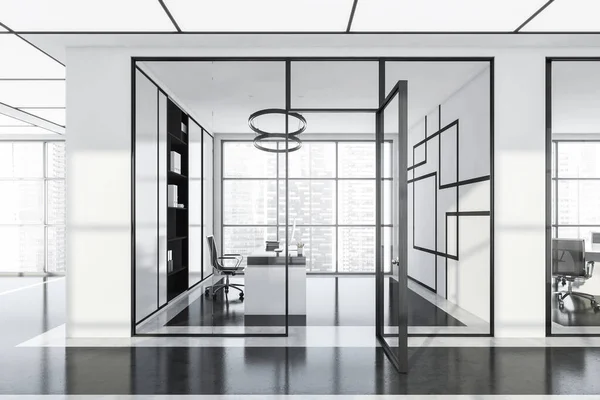 Panoramisch Zakelijk Interieur Met Glazen Wanden Deuren Zicht Vanuit Buitenruimte — Stockfoto