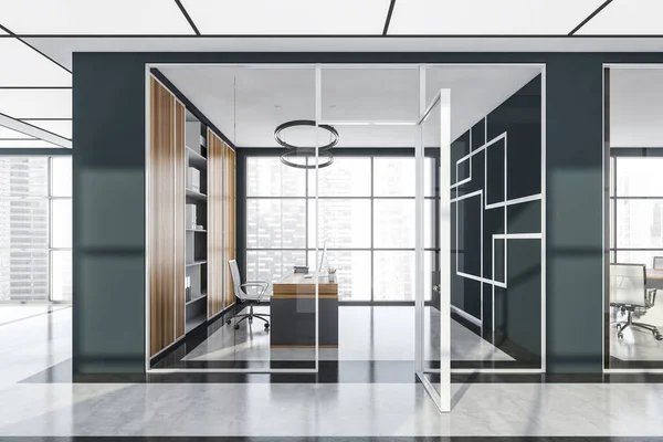 View Passage Panoramic Office Interior Glass Dark Blue Walls Geometric — Stock Photo, Image