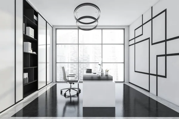 幾何学的なインテリアとサイドビュー オフィスチェア 円形のシャンデリア パノラマの背景のキャビネット 右側の黒い四角形 石の床 3Dレンダリング — ストック写真