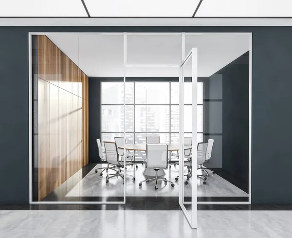 濃い青の壁 丸いテーブル オフィスチェア 木製のキャビネットとパノラマビューを持つ会議室への扉を持つガラスのパーティションとインテリア 大理石の床 3Dレンダリング — ストック写真