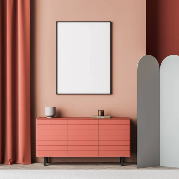 Plakat Rot Korallenrosa Warteraum Interieur Mit Grauem Trennsteg Sideboard Mit — Stockfoto