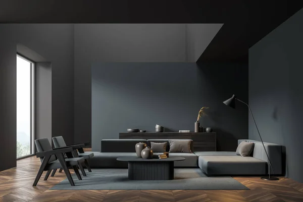 Attrappe Leere Kopierraum Wand Moderne Wohnzimmereinrichtung Eichenholzboden Und Stilvolle Möbel — Stockfoto