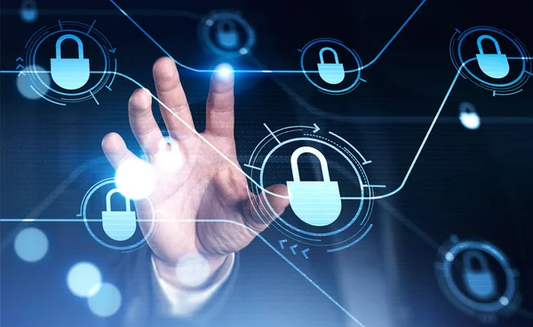 青い輝く情報保護南京錠のアイコンに触れるビジネスマンの手を閉じます サイバーセキュリティとデータストレージの概念 — ストック写真
