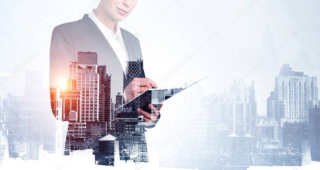 Double exposure of businesswoman who are taking notes into her notepad. Panoramic New York city view on background. Law firm and corporate lifestyle concept.