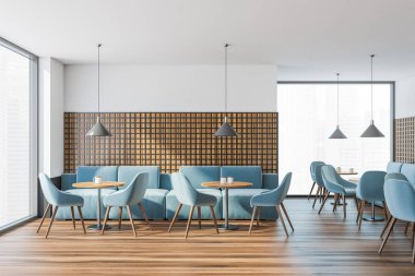 Panoramik manzaralı kafe, koltukların ve sandalyelerin aksanlı mavi tonu, kolye lambaları, kafes siyah ahşap detaylar ve duvarların geniş beyaz dizaynı ile eşleştirilmiş zemin. 3d oluşturma