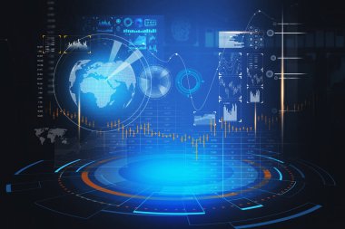 Soyut çizelgelerin altında holografik yuvarlak panel var. Neon ışıkları, Dünya, ikonlar, tablo verileri ve turuncu detaylar koyu mavi renkte. Finansal önyargı kavramları. 3d oluşturma
