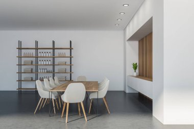 Çatı katının içi, altında raf olan beyaz duvarda büyük bir oyuk, raf bölümünde banyo takımı, ahşap detaylar, gri beton zemin ve açık bej sandalyeli masa. 3d oluşturma