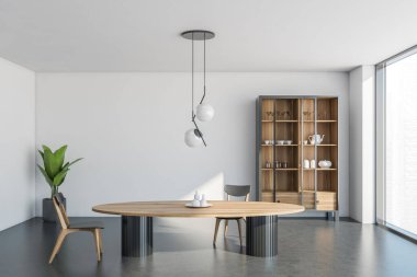 İçi yemek masası, iki sandalye, çanak çömlek ve cam kapılı dolap, beyaz duvarlar ve tavan orijinal ışık, iç mekan, beton zemin ve panoramik manzaralı. 3d oluşturma