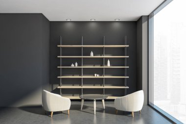 Koyu gri bekleme odası, yarısı boş rafları, panoramik penceresi ve beton zeminde duran kahve masalı koltukları olan ücretsiz ayakta duran bir depo. 3d oluşturma.