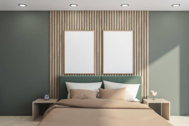 Yatak, büfe, açık yeşil duvarlar bej çarşaflı yatak başlığı ahşap detaylar, yan masalar. İki tane poster. 3d oluşturma