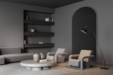 Oturma odasında kemer yolu ve raflar var. İçinde beton döşeme, kanepe, koltuk, halı ve lamba olan gri bir iç döşeme. Modern iç tasarım kavramı. 3d oluşturma