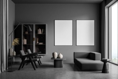 Gri beton zemin ve büyük pencereli modern oturma odası. Duvarda iki tane boş poster var. Çağdaş tasarım kavramı. 3d oluşturma