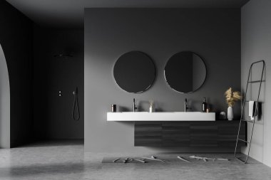 Duşun içi koyu gri, iki aynalı ve lavabolu orijinal kibir modern parmaklık, beton döşeme ve halı. Modern tasarım kavramı. 3d oluşturma