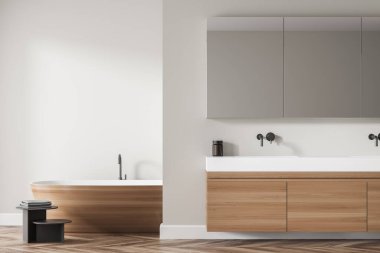 Ahşap ve taş dekorasyonlu modern banyo. Çağdaş tasarım ve spa rahatlama kavramı. 3d oluşturma