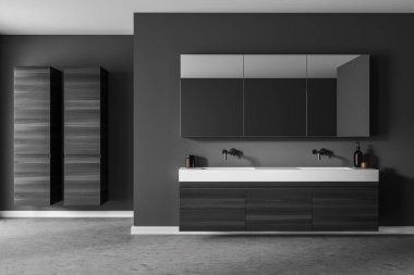 Modern banyo içi. Çağdaş tasarım ve spa rahatlama kavramı. Tahta ve taş dekor elementleri. 3d oluşturma