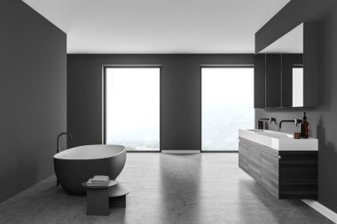 Modern banyo içi. Çağdaş tasarım ve spa rahatlama kavramı. Ahşap, taş, dekor elementleri ve büyük pencere. 3d oluşturma