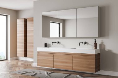 Ahşap, taş dekorasyon elementleri ve büyük pencereli modern banyo. Çağdaş tasarım ve spa rahatlama kavramı. 3d oluşturma