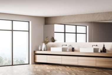 İki geometrik leğen ve panoramik ışık bej tasarımı ile banyo iç görünüşü, döşeme ve kibrin ahşap benzeri detaylarını desenli duvar ve aynayla birleştirerek. 3d oluşturma