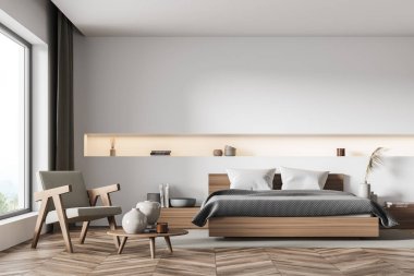 Yatak, komodin, parke, dar oyuklu beyaz duvar, panoramik pencerenin panoramik penceresinde perdeli ve sehpalı bir bej koltuk. Modern ev tasarımı kavramı. 3d oluşturma