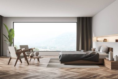 Panoramik manzara, bej koltuklar, sehpa, ahşap yatak, komodin, yeşil gri perdeler, parke ve dar oyuklu beyaz duvar. Modern ev tasarımı kavramı. 3d oluşturma