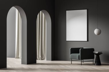 İç tarafında koyu gri duvar, yeşil koltuk, kolye lambası, sehpa, parke döşeme ve arka planda perde olan kemerler var. 3D görüntüleme. Modern ev tasarımı kavramı.