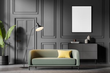 Beton zemin ve mobilyalarla dolu modern oturma odası. Duvara boş posterler asın. Çağdaş tasarım kavramı. 3d oluşturma