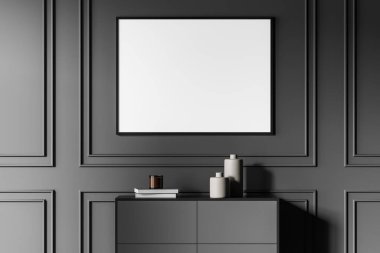 Beton zemin ve mobilyalarla dolu modern oturma odası. Duvara boş posterler asın. Çağdaş tasarım kavramı. 3d oluşturma