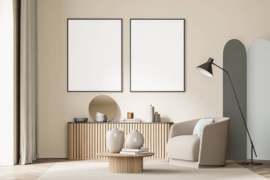 İçi iki boş beyaz poster, panoramik pencere, halı, parke döşeme, koltuk, kahve masası, katlanır ekran, lamba ve büfe. Modern ev tasarımı kavramı. Modelleme. 3d oluşturma