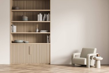 İçi açık bej renkli oturma odası duvarıyla dolu. Niche kitaplığının tasarımında orjinal ahşap kaplama var. Boş alanın altında modern kahve sehpası olan bir koltuk. Parke. 3d oluşturma