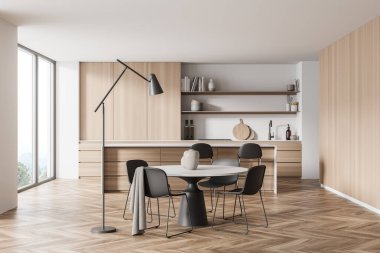 Ahşap dolap, parke zemin, ince lambalı siyah beyaz yemek masası, açık raflar ve panoramik pencereli mutfak. Modern iç tasarım kavramı. 3d oluşturma