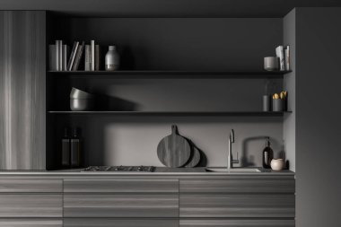 Dolabın içindeki mutfak manzarası, açık raflar ve farklı boyutlarda koyu gri ahşap çekmeceler. Modern ev tasarımı kavramı. 3d oluşturma