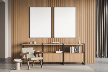 Bekleme odasında büfesi olan iki pankart sehpası olan koltuk, bej halı ve gri perde. Duvarlar ve beton zemin. Modern ev tasarımı kavramı. Modelleme. 3d oluşturma