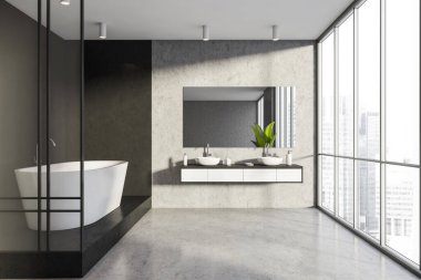 Beyaz küvet, bölünme, panoramik manzara, altında raf olan ayna, açık gri ve siyah malzemeler kullanan iki leğen ve taş zemin. Modern tasarım kavramı. 3d oluşturma