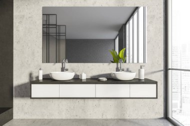 İçi gri taştan banyo duvarında ayna, iki lavabo ve banyo takımlarıyla dolu. Panoramik manzara. Modern ev tasarımı kavramı. 3d oluşturma