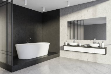 İç mekan, gri taş duvarlar ve zemin, siyah köşeli alanla eşleştirilmiş, içinde ayna olan küvet ve iki havzalı raf kibri. Modern ev tasarımı kavramı. 3d oluşturma