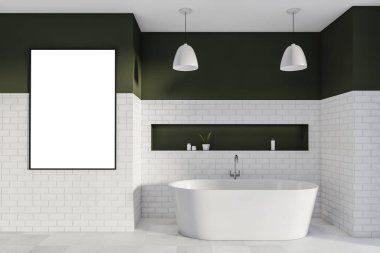 Zeytin detayları ve iki kolye lambalı oval küvetin üstündeki oyuğun olduğu beyaz tuğla duvarda boş bir maket. Döşeme döşemesi. Modern ev tasarımı kavramı. 3d oluşturma